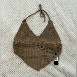 Tan crop top, tie back, crochet halter